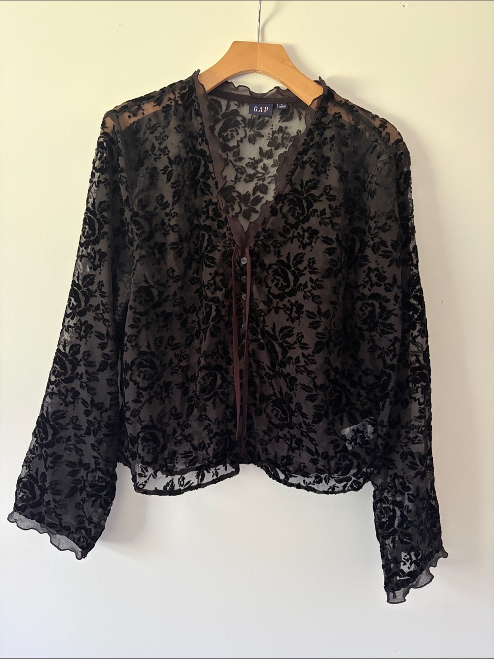 GAP Black Sheer Velvet Floral Button Up Blouse Size Large